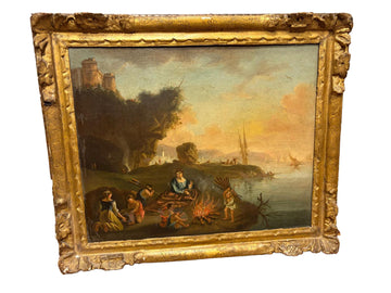 Coppia di dipinti a olio su tela, XVIII secolo: "Marine con allegorie dell'Inverno e della Primavera", in cornici intagliate e dorate