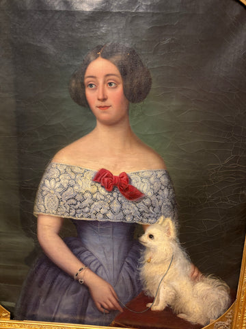 Ritratto Dama Nobildonna francese di metà 1800 con cagnolino