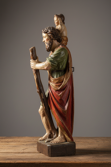 Italienische Holzstatue von San Cristoforo mit Kind, Anfang 1800