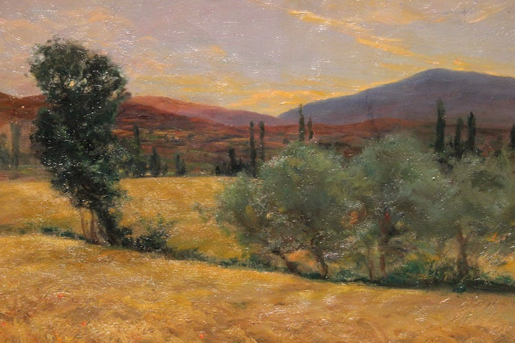Olio su tela paesaggio campestre Firmato Agapito Casas Abarca (Barcellona, 1874-1964)