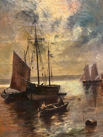 Olio su tela francese della seconda metà dell’800 – Marina notturna con veliero al chiaro di luna