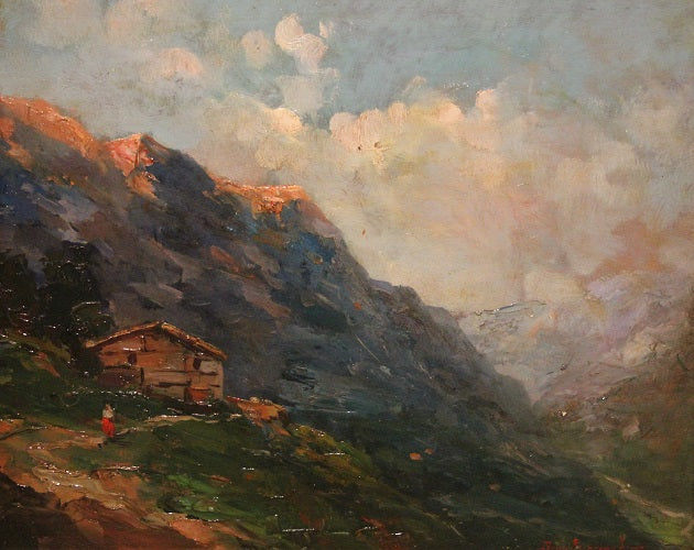 Olio su tavola Italiano del XX secolo raffigurante Paesaggio di montagna "Franco Ricciardi" firmato