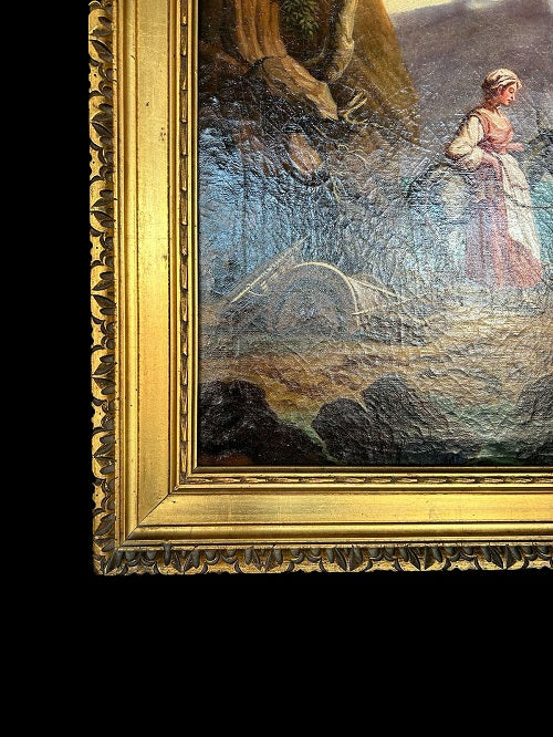 Olio su tela francese di inizio 1800 Raffigurante Scena di vita Familiare