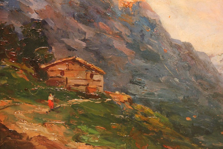 Olio su tavola Italiano del XX secolo raffigurante Paesaggio di montagna "Franco Ricciardi" firmato