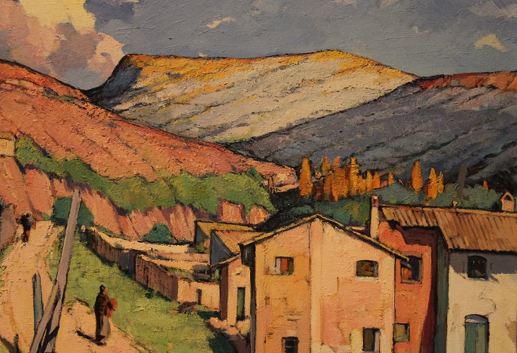 Olio su tela spagnolo di metà XX secolo raffigurante veduta cittadina Catalana Firmato Tomas Perez Martinez 1911 – 1992
