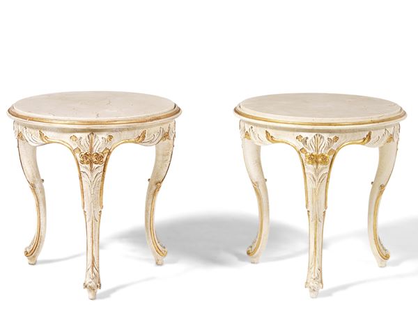 Pair of Carved and Painted Wood Side Tables with Marble Tops, Early 20th Century