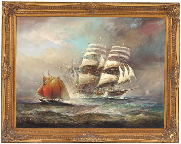 Sailing Ship at Sea by Herman Conrad: Oil on Canvas 120x90 cm, Naples 1935