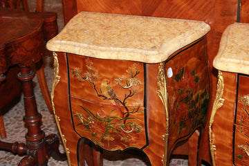 Pair of Chinese-style Louis XV Painted Bedside Tables with Floral and Animal Motifs