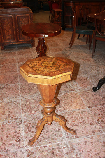 English Sewing Table Victorian Style Richly Inlaid Walnut Wood