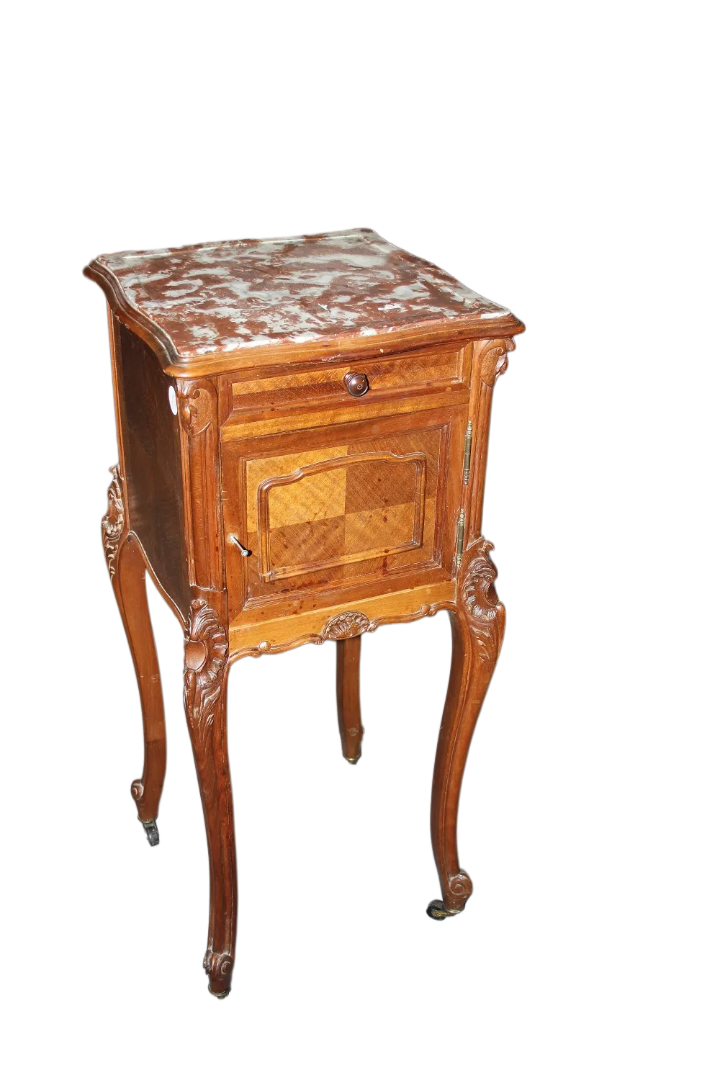 Comodino Francese Stile Luigi Filippo Con Intagli e Piano in Marmo XIX secolo