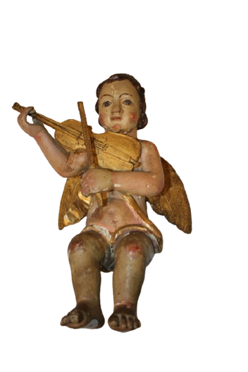 Paire de putti italiens baroques en bois polychrome avec violon – Fin XVIIᵉ siècle