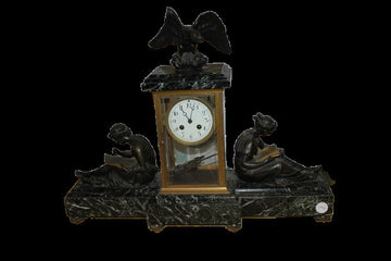 French Empire Three-Piece Garniture – Mantel Clock with Matching Vases, 19th Century, Verde Alpi Marble & Gilt Bronze
