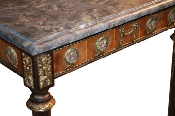 French Low Table Louis XVI – Mahogany, Marble Top, and Painted Porcelain, Early 20th Century