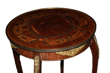 Tavolino Circolare Gueridon Francese stile Luigi XV del 1800 intarsiato