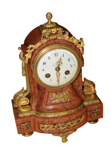 French Clock and Pair of Candlesticks Set in Red Porphyry with Gilt Bronze Mounts – Late 19th / Early 20th Century