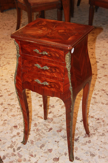 Pair of French Louis XV Style Inlaid Bedside Tables with Bronze Applications