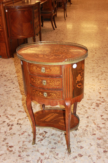 Tavolino Ovale Francese con Cassetti, del 1800 Riccamente intarsiato