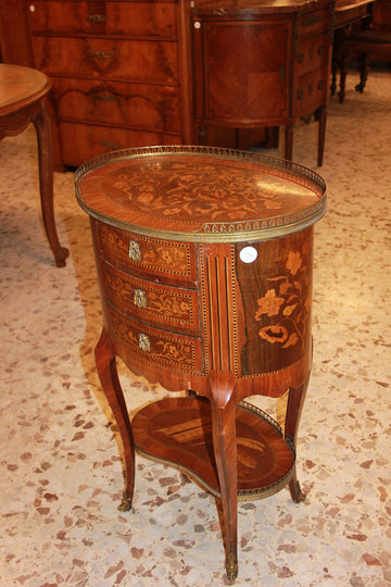 Tavolino Ovale Francese con Cassetti, del 1800 Riccamente intarsiato