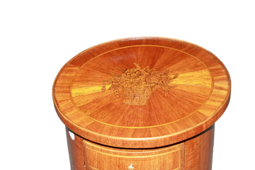 Tavolino circolare a cilindro francese del 1800 in legno di mogano Stile Transizione