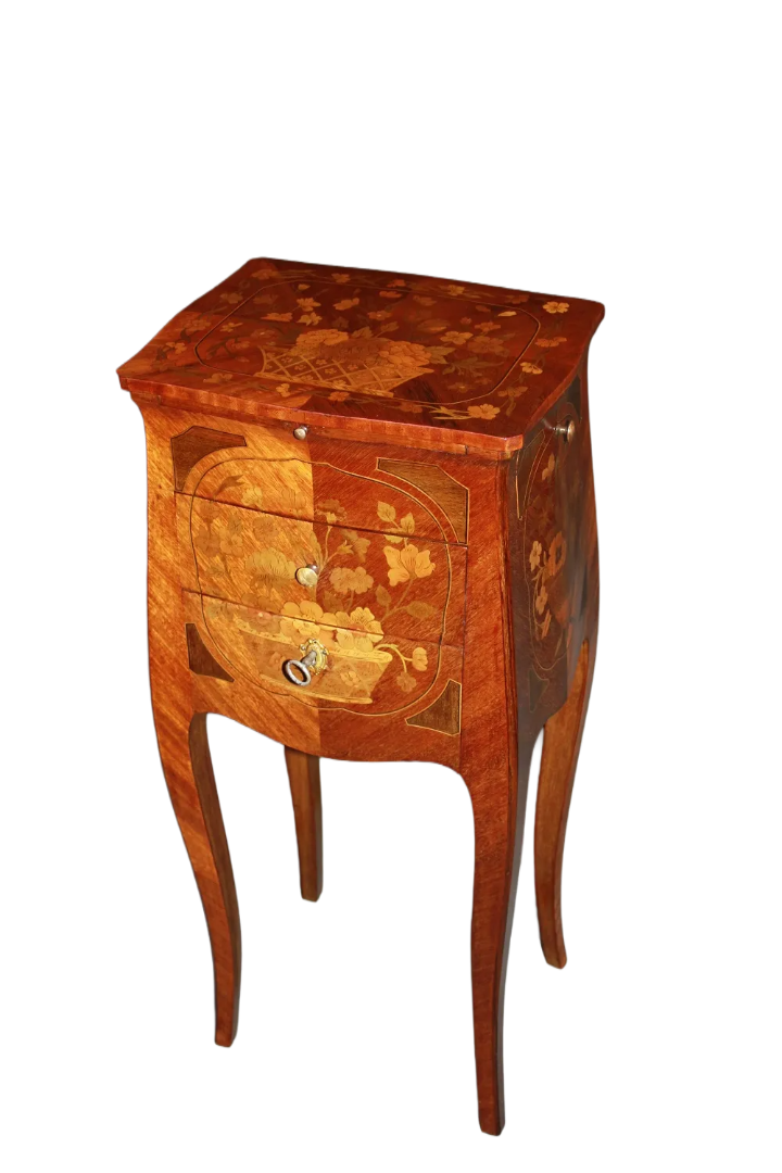 19th Century French Bedside Table Richly Inlaid with Bois de Rose Wood in Louis XV Style