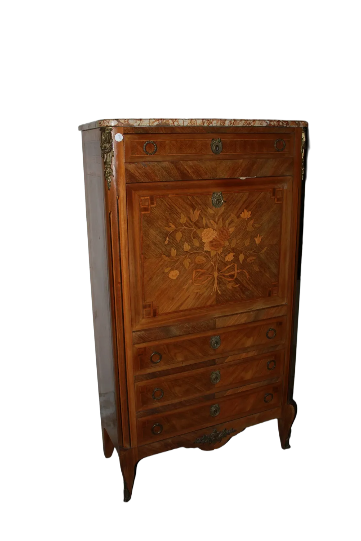 Secretaire francese stile Transizione in legno di Bois de rose con marmo e bronzi XIX secolo