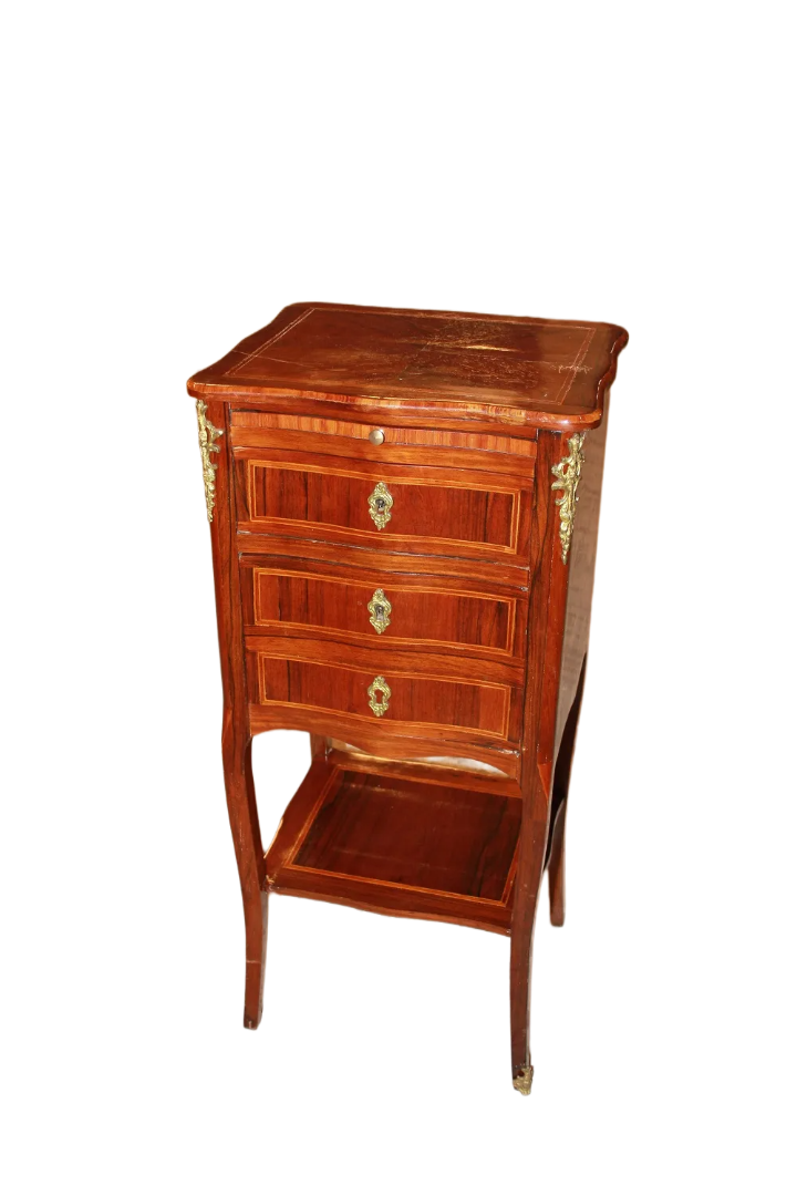 Tavolino Francese Luigi XV con cassetti e antina bronzi e pianetto scrittoio estraibile in legno di bois de violette XIX Secolo
