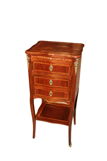 Tavolino Francese Luigi XV con cassetti e antina bronzi e pianetto scrittoio estraibile in legno di bois de violette XIX Secolo