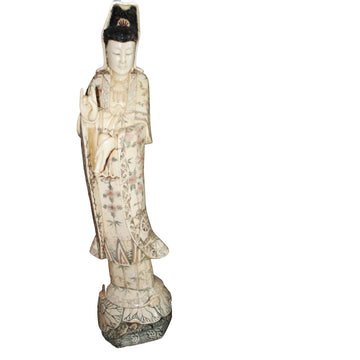 Coppia di Sculture Asiatiche in Mammut Guanyin e Guan Yu