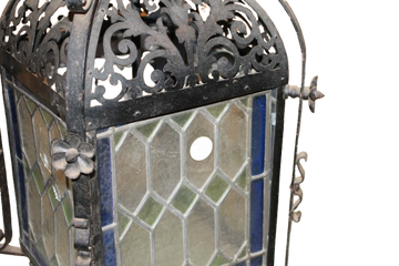 Antique French Wrought Iron Chandelier with Cathedral Glass – Late 19th Century