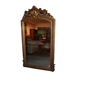 French Eclectic Giltwood Mirror with Carved Crest, 19th Century