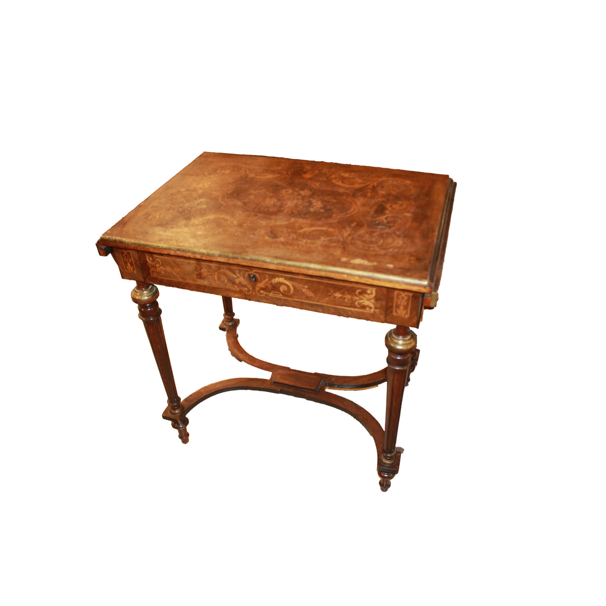 Französischer Louis-XVI-Tisch mit Klappen aus Nussbaum mit floraler Intarsie, 19. Jahrhundert