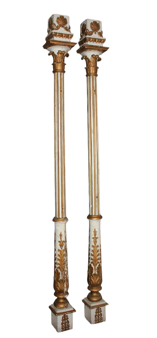V Style Column Pair of Tall French Louis XVI Style Columns in Lacquered and Gilded Wo