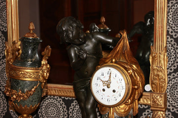 Trittico Orologio con 2 Vasi in Bronzo e Marmo Verde Alpi 1800