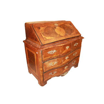 Ribalta francese di fine XVIII secolo in stile Luigi XV, in legno pregiato con raffinati intarsi geometrici e motivi floreali