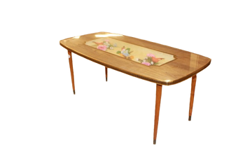 French Vintage Rosewood Coffee Table with Brass Details and Still Life Glass Insert, 20th Century