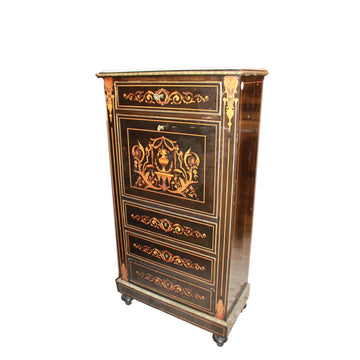 Französischer Sekretär im Napoleon-III-Stil aus Ebenholz mit Marketerie und weißer Marmorplatte, zweite Hälfte 19. Jahrhundert