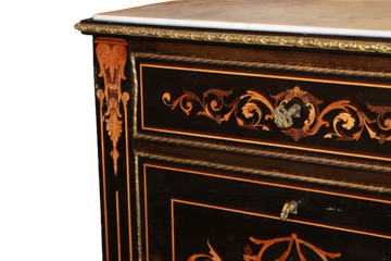 French Napoleon III Ebony Secretaire with Marquetry and White Marble Top, Second Half of the 19th Century