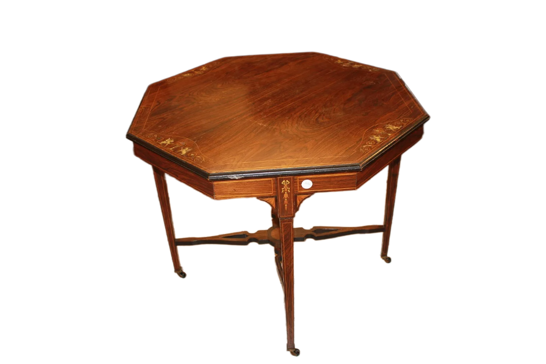 Tavolino ottagonale stile Vittoriano in legno di Palissandro intarsiato del 1800