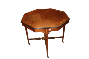 Tavolino ottagonale stile Vittoriano in legno di Palissandro intarsiato del 1800