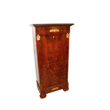French Empire Secretaire in Mahogany and Feather Mahogany with Gilt Bronze Decorations, First Half of the 19th Century