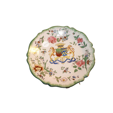 Piatto in Maiolica di Fine '800 con Stemma Araldico e Fiori