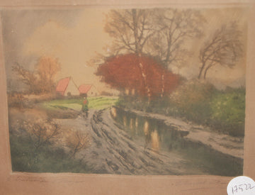 Paesaggio rurale francese dell'Ottocento con figure e corso d'acqua XIX secolo