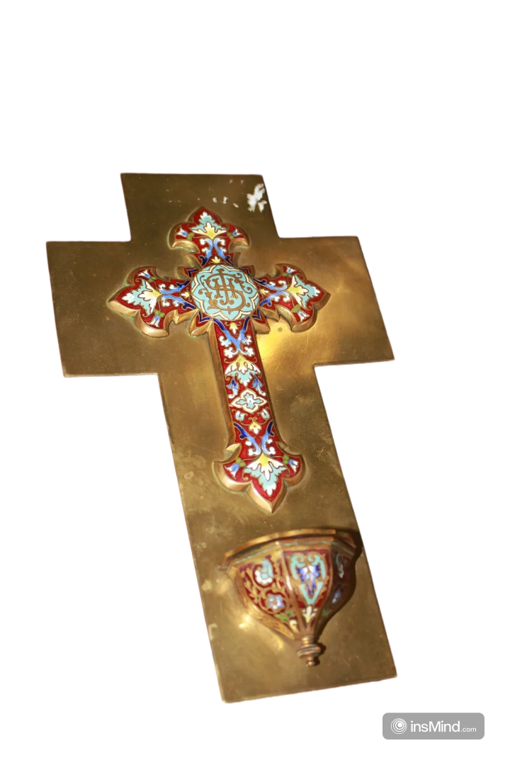 Kruzifix aus Cloisonné-Metall mit Taufbecken 1900
