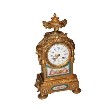 Orologio Francese da Camino in Bronzo Dorato e Porcellana, XIX Secolo