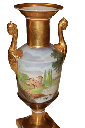 "Vaso a balaustro in porcellana dipinta e dorata con anse a sfinge alata" – Stile Impero, Vecchia Parigi