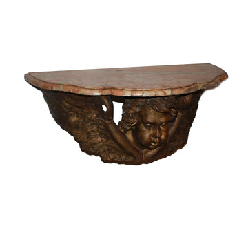 Console Murale Ancienne Italienne en Bois Sculpté et Doré avec Visage de Chérubin, XVIIe Siècle