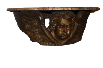 Consolle da parete sospesa italiana del 1600 raffigurante putto dorato e piano marmo