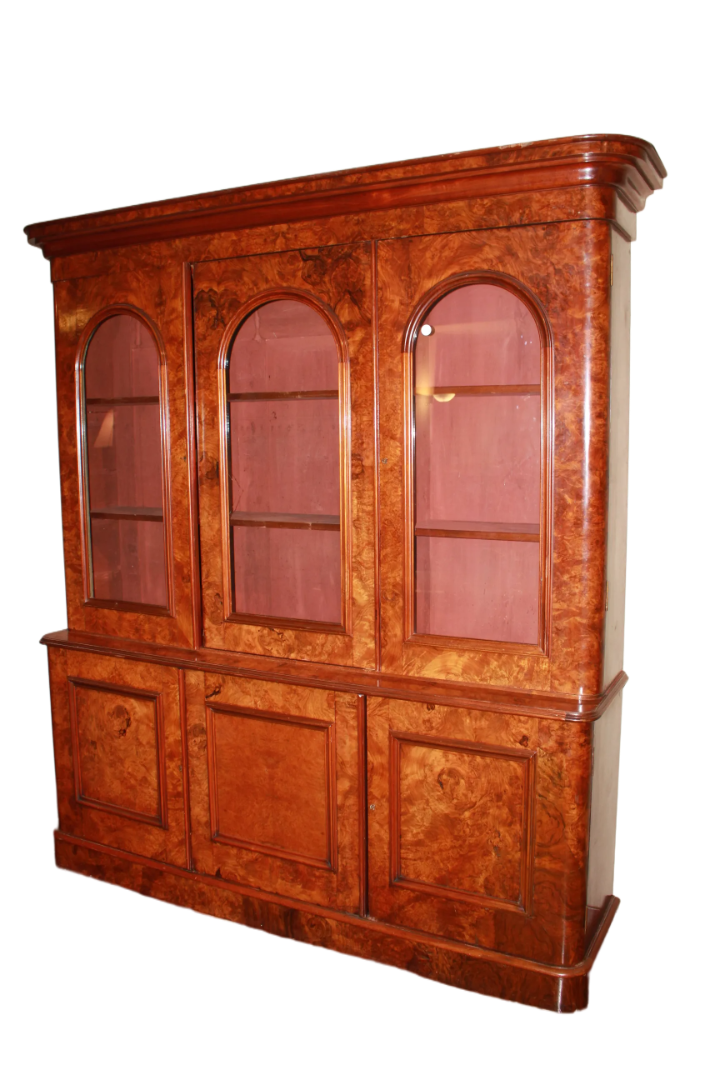 Grande Libreria Bookcase stile Vittoriano in Radica di Noce