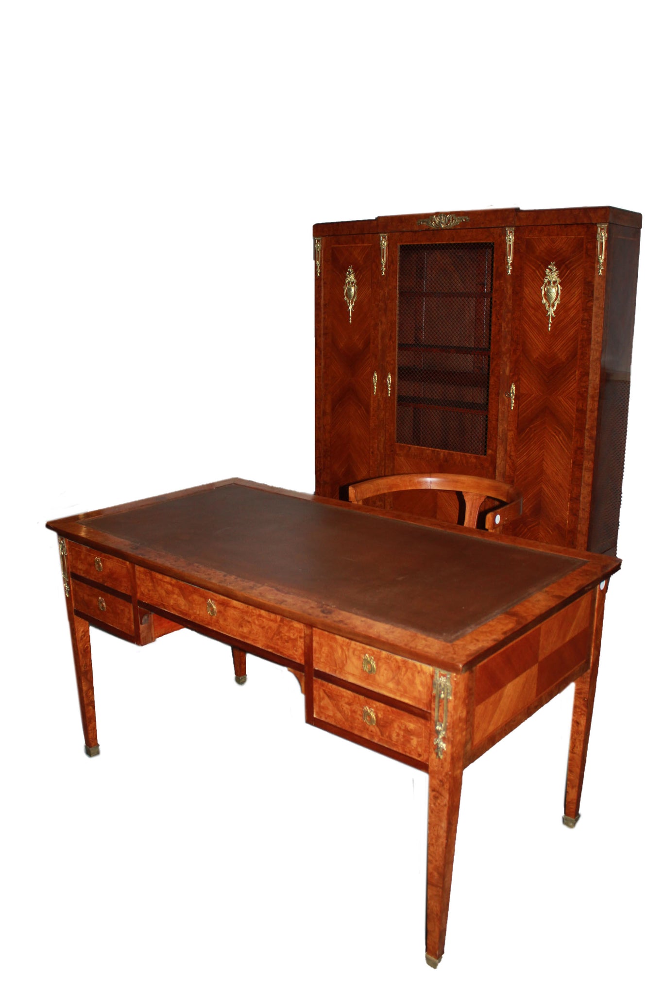 Antique study complete with desk, bookcase and French armchair