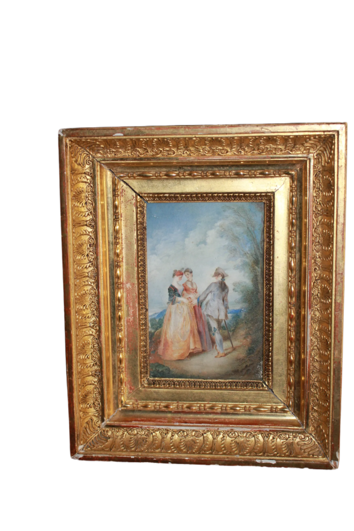 Kleines Französisches Aquarell mit Galanter Szene aus dem 19. Jahrhundert